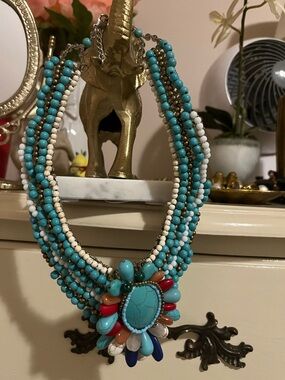Nakamol Turquoise, White & Red Beaded Statement Necklace